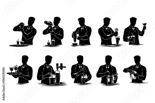 Male bartender silhouettes demonstrating cocktail making techniques.