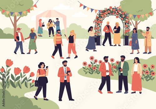 Diverse group of people attending an outdoor garden party or festival.