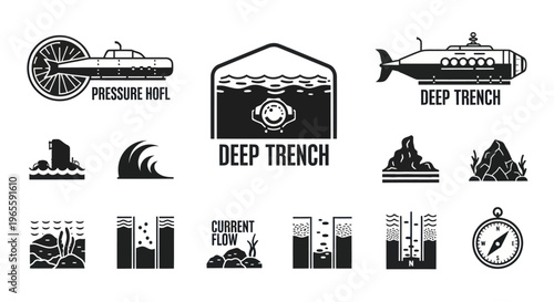Deep Sea Exploration Icons: Submarines, Trenches, Currents, Navigation