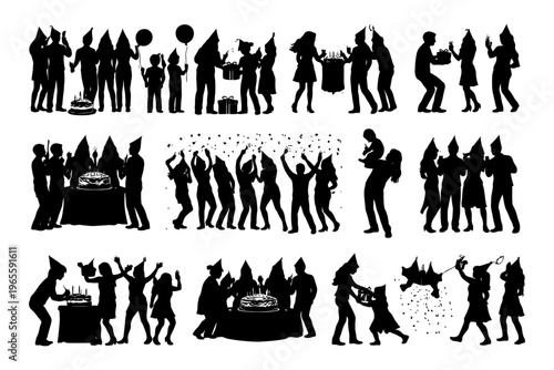 Silhouette party celebration with balloons, cake, and guests in festive hats.