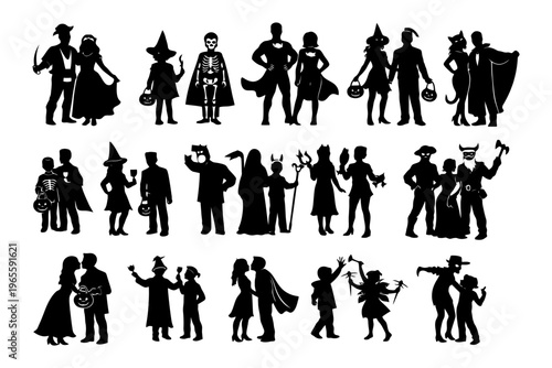Halloween costume silhouettes collection featuring diverse group of adults and children.