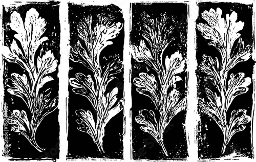 Decorative vintage leaf patterns on black rectangular panels with textured backgrounds