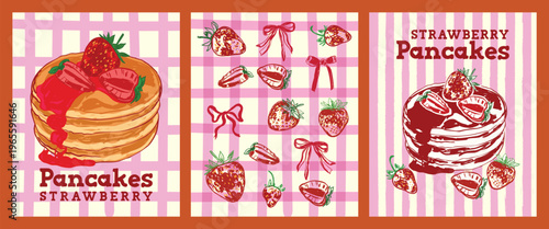 Strawberry Pancakes Coquette Retro Poster Set Sweet Breakfast Collection