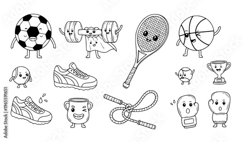 Cartoon sports objects and characters engaging in fitness activities with smiling faces