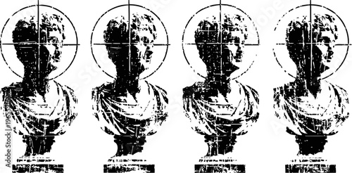 Ancient roman statue busts with target crosshairs overlay in black and white artistic stencil