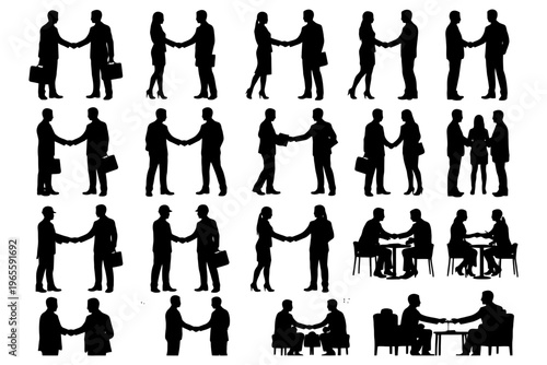 Diverse people silhouette interactions: business handshake and meeting themes.