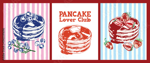 Pancake Poster Set Strawberry Blueberry Butter Retro Breakfast Diner Style