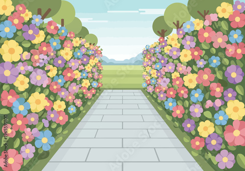 Vibrant Flower Garden Path with Colorful Blooms.