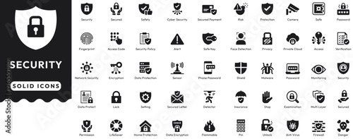 Security solid icon set cover secured, safety, cyber security, payment, risk, protection, camera, safe, password, fingerprint, access code, policy, alert, key. Professional vector illustration set