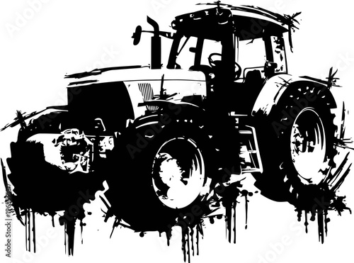 Black grunge tractor silhouette with large wheels and cab design illustration