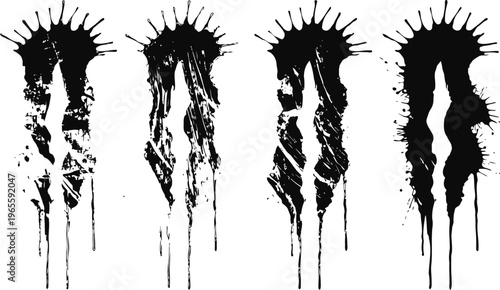Abstract black ink splatters with vertical dripping stains isolated on white background
