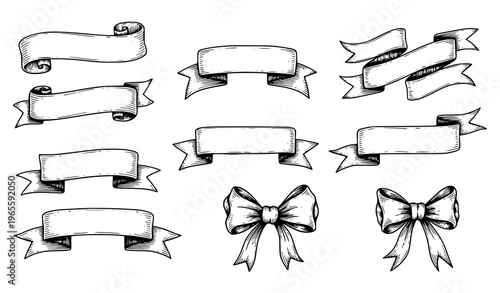 Fotografie A collection of 10 hand drawn ribbon banners and bows for decoration and design