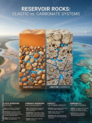 Comparison of Reservoir Rocks: Clastic Sandstone and Carbonate Limestone Systems in Geological Contexts