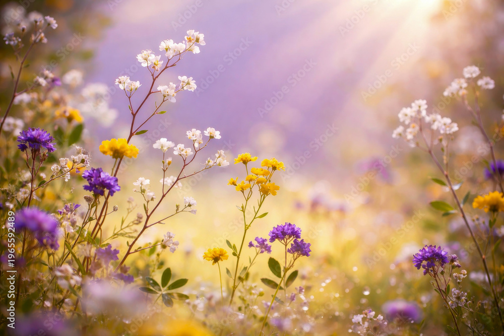 Fototapeta premium Summer wildflower meadow with limonium gypsophila and yellow daisies in sunlight for floral background design