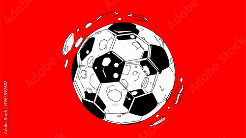Dynamic Black and White Soccer Ball Illustration on Vibrant Red Background