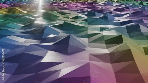 A vibrant, low-polygon landscape with a dramatic light beam illuminating the textured, geometric terrain in a spectrum of colors