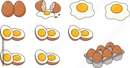 Collection of brown chicken eggs in various forms including raw cracked fried boiled halves and full carton for breakfast and cooking concept flat vector
