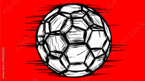 Dynamic Sketch of Soccer Ball in Motion Against Vibrant Red Speed Lines Background