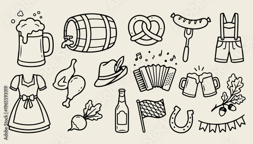 Oktoberfest doodle icon set with beer mug pretzel and barrel on white background