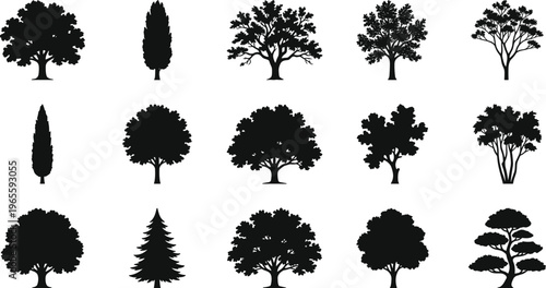 Comprehensive Collection of Black Tree Silhouettes Featuring Various Species Like Pine Oak and Cypress Isolated on White Background for Nature Landscape and Environment Designs