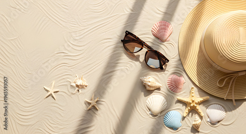 Summer Beach Flat Lay with Straw Hat, Sunglasses, Starfish and Colorful Seashells on Sand