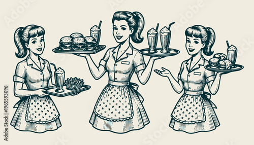 Retro 1950s diner waitresses engraving style vector illustration with burgers and milkshakes trays