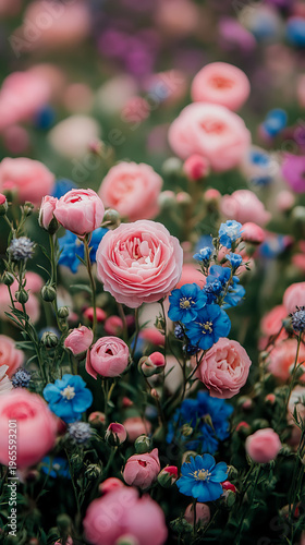 Vibrant and romantic close-up of dreamy garden filled with lush, blooming pink roses and delicate blue wildflowers, creating serene and beautiful spring tapestry.