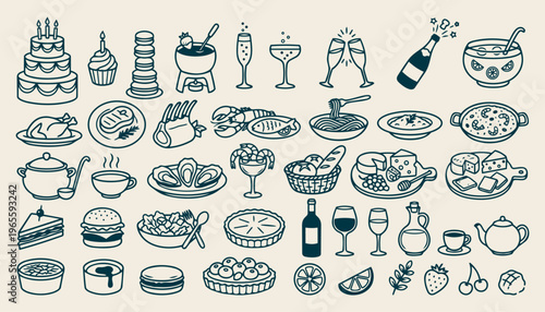 Restaurant celebration food and drinks set, hand-drawn black outlines 