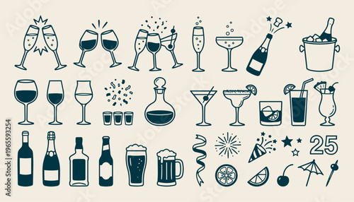 Party toast and celebration drinks set, vintage hand-drawn cocktails and glassware vector illustration