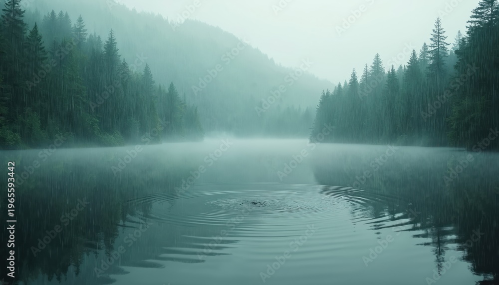 Fototapeta premium Misty lake in forest during rainfall. Calm water shows rain drops creating ripples. Green trees line the misty shore, creating tranquil nature mood.