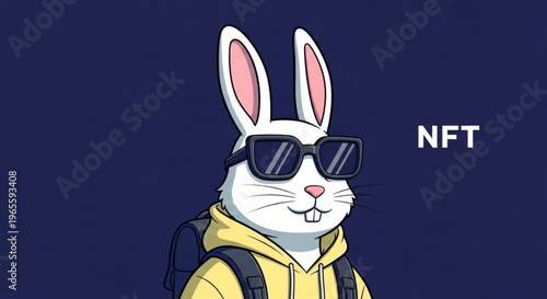 Cartoon rabbit wearing sunglasses and hoodie with nft text on dark blue background