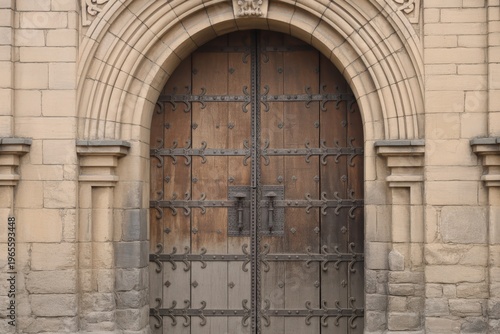 Ancient arched wooden doors on stone building