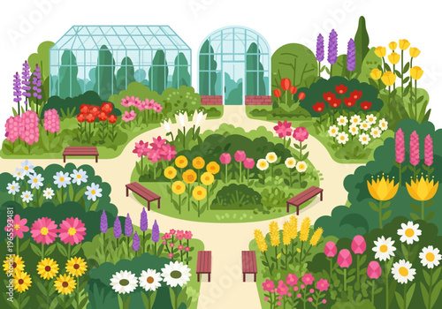 Vibrant Botanical Garden with Greenhouses and Colorful Flowers.