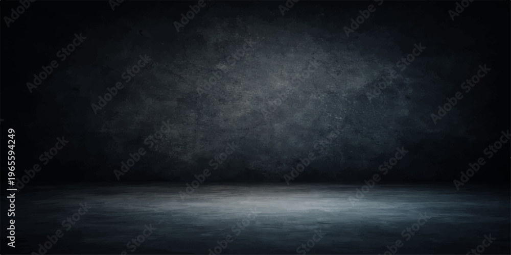 Fototapeta premium An empty dark room interior features an aged concrete wall with a vintage grunge texture and a black stone floor pattern for a blank industrial backdrop design