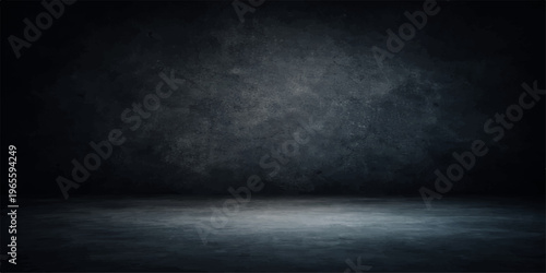 An empty dark room interior features an aged concrete wall with a vintage grunge texture and a black stone floor pattern for a blank industrial backdrop design