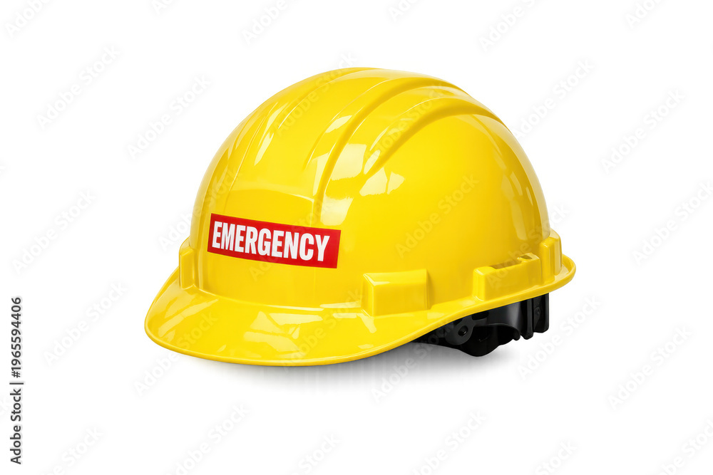 Fototapeta premium Yellow hard hat with emergency label protecting workers