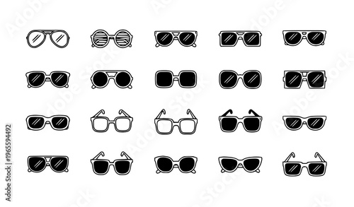 Minimal sunglasses icon set with retro hipster and modern eyewear black and white vector illustration