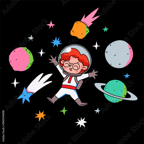 The child is an astronaut, happy among the stars and planets. Vector illustration for children for Cosmonautics Day.