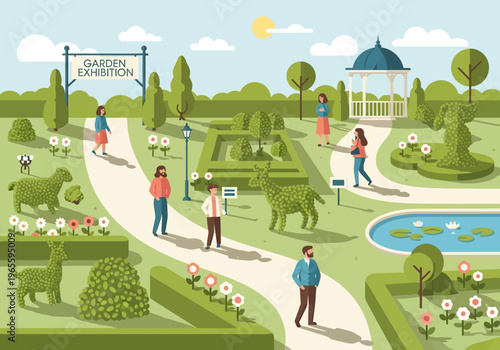 People enjoying a beautiful garden exhibition with topiary animals and lush greenery.