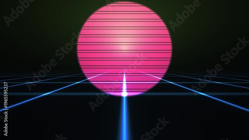 Retro Sunset Horizon Grid Landscape with Neon Lights