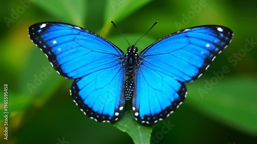 Stunning Blue Morpho Butterfly Resting on Green Leaf Close-up.