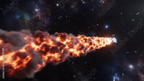 A futuristic spacecraft navigates through the vast expanse of space, leaving a trail of fiery exhaust in its wake against a backdrop of distant stars