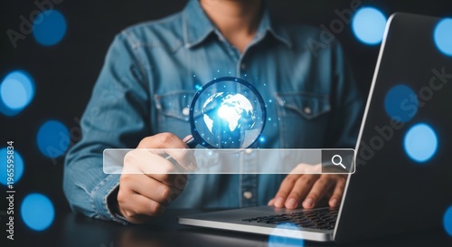 Business professional analyzing global data on transparent digital screen with futuristic interface