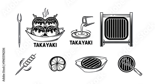 Japanese Takoyaki Food Icons Set, Black and White Line Art
