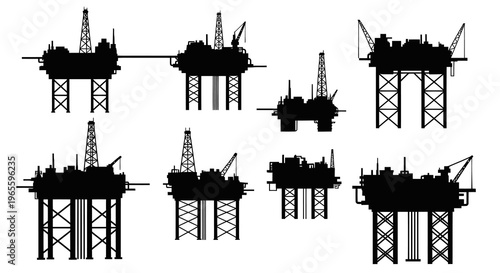 Oil Rigs Silhouettes Set - Offshore Platform Industry Vector Art