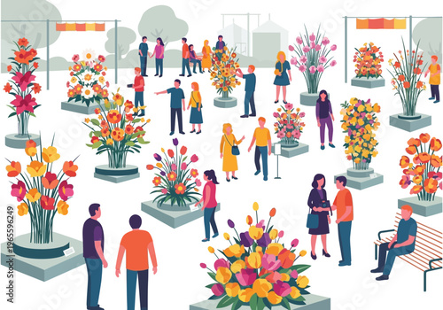 People admiring beautiful floral arrangements at a flower show.