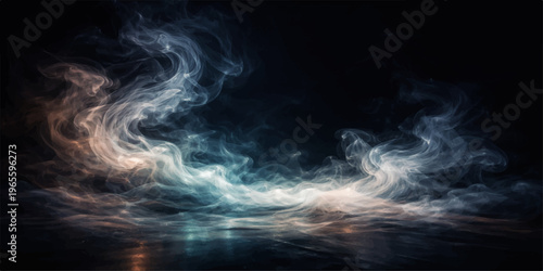 Abstract smoke on black background creates a dark texture of swirling fog and light clouds like a storm in the night sky