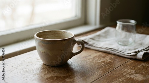 Rustic mug on wooden table with glass jar and linen cloth nearby