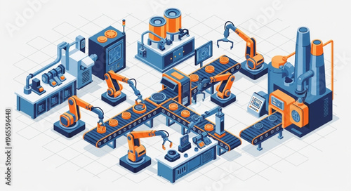 Isometric Automated Production Line with Robotic Arms and Conveyor Belts.