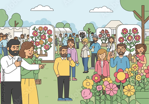 People enjoying a vibrant flower festival outdoors.